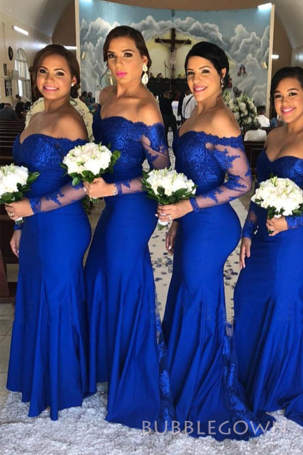 Royal Blue Appliques Mermaid Long Custom Long Sleeves Bridesmaid Dress BubbleGowns Royal Blue Appliques Mermaid Long Custom Long Sleeves Bridesmaid Dress BubbleGowns