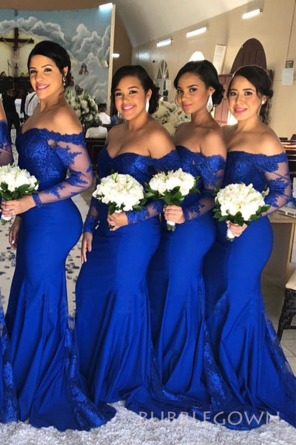 Royal Blue Appliques Mermaid Long Custom Long Sleeves Bridesmaid Dress BubbleGowns Royal Blue Appliques Mermaid Long Custom Long Sleeves Bridesmaid Dress BubbleGowns