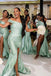 Sage Green Satin Mermaid One Shoulder Long Custom Side Slit Bridesmaid Dresses, BGB0136