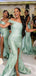 Sage Green Satin Mermaid One Shoulder Long Custom Side Slit Bridesmaid Dresses, BGB0136