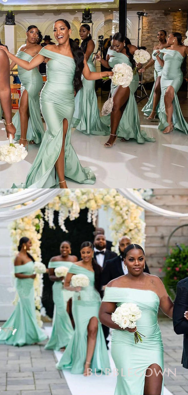 Sage Green Satin Mermaid One Shoulder Long Custom Side Slit Bridesmaid BubbleGowns Sage Green Satin Mermaid One Shoulder Long Custom Side Slit Bridesmaid BubbleGowns