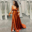Burnt Orange Satin A-line Long Custom V-neck Bridesmaid Dresses, BGB0150
