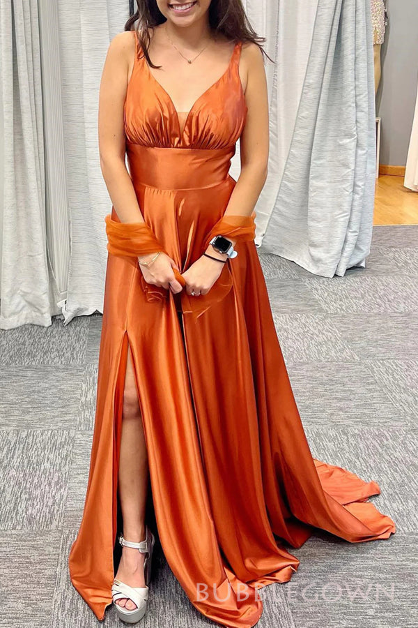 Burnt Orange Satin A-line Long Custom V-neck Bridesmaid Dresses, BGB01 BubbleGowns Burnt Orange Satin A-line Long Custom V-neck Bridesmaid Dresses, BGB01 BubbleGowns