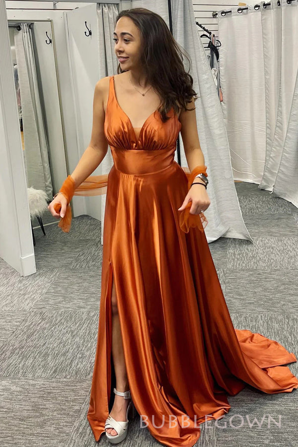 Burnt Orange Satin A-line Long Custom V-neck Bridesmaid Dresses, BGB0150