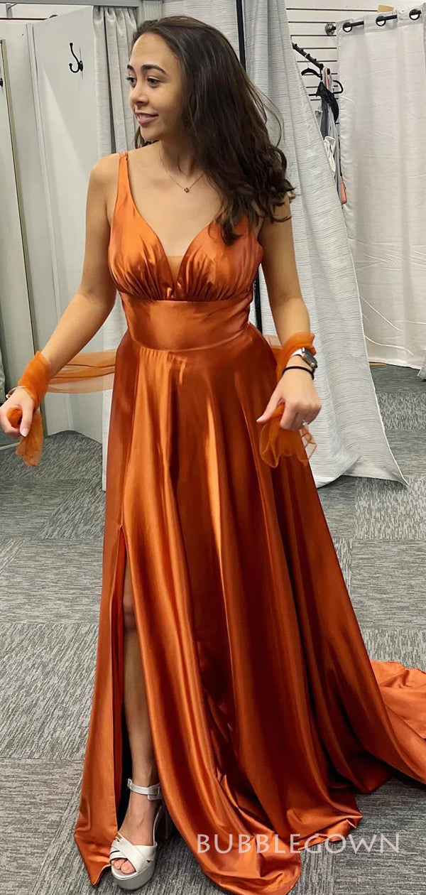 Burnt Orange Satin A-line Long Custom V-neck Bridesmaid Dresses, BGB01 BubbleGowns Burnt Orange Satin A-line Long Custom V-neck Bridesmaid Dresses, BGB01 BubbleGowns
