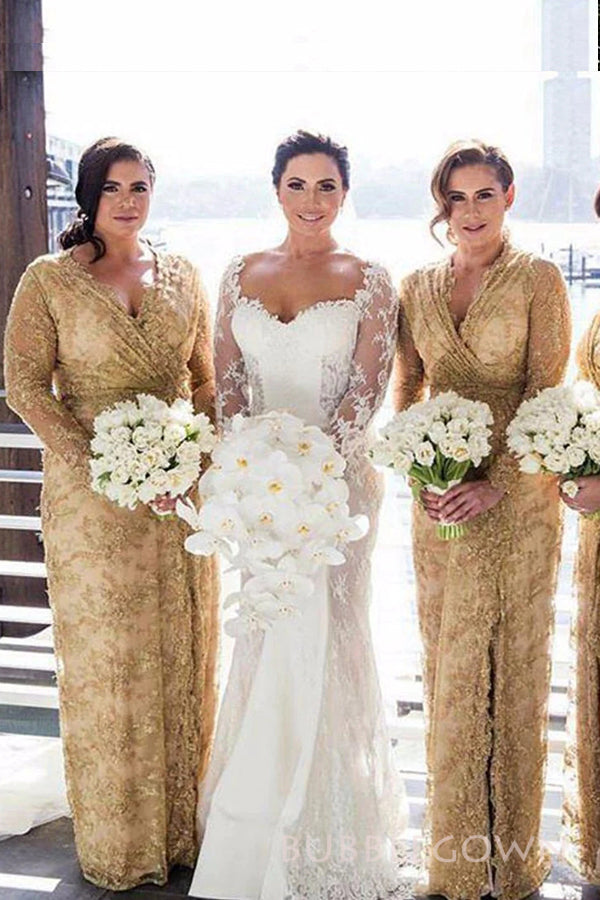 Gold Tulle Appliques Long Sleeves Long Custom V-neck Bridesmaid Dresses, BGB0154