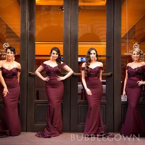 Pupular Burgundy Mermaid Appliques Long Custom Off Shoulder Bridesmaid Dresses, BGB0157