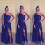 Simple Navy Blue A-line Long Custom Side Slit Bridesmaid Dresses, BGB0159