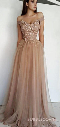 A-line Tulle Appliques Off Shoulder Long Evening Prom Dresses, Custom Prom Dresses, BGS0250