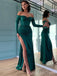 Emerald Green Satin Mermaid Long Sleeves Long Evening Prom Dresses, Custom Off Shoulder Prom Dresses, BGS0252