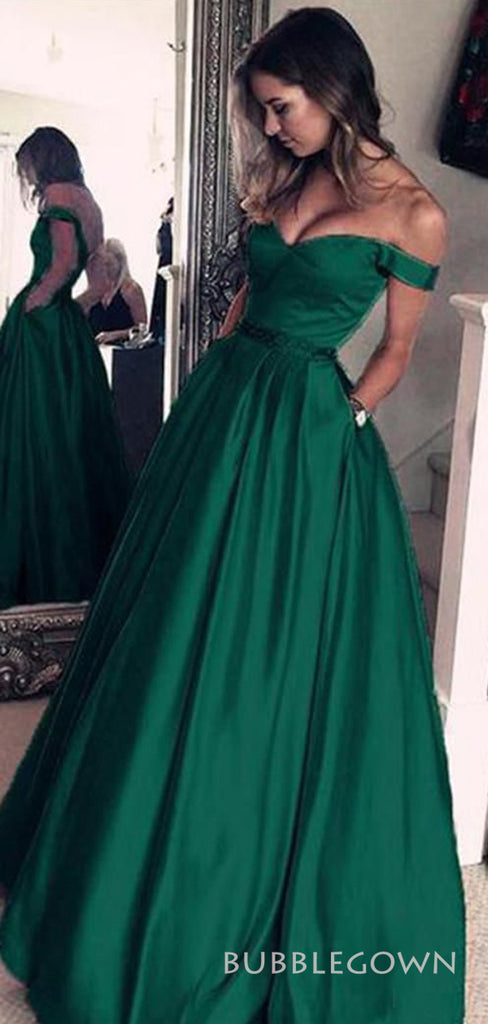 A-line Emerald Green Satin Off Shoulder Long Evening Prom Dresses, Custom Cheap Prom Dresses, BGS0254