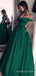 A-line Emerald Green Satin Off Shoulder Long Evening Prom Dresses, Custom Cheap Prom Dresses, BGS0254