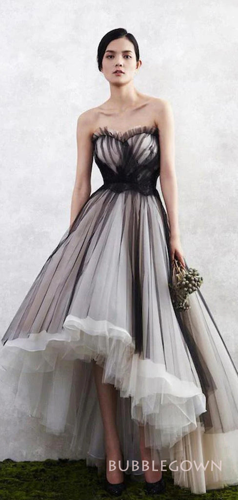 A-line Black Tulle Strapless Long Evening Prom Dresses, Custom High-low Prom Dresses, BGS0260