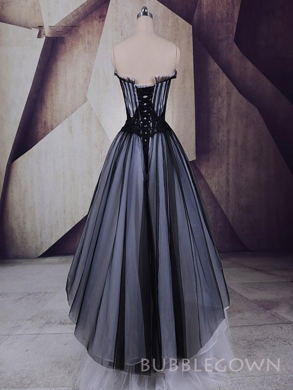 black tulle corset dress A-line Black Tulle Strapless Long Evening Prom Dresses, Custom High-lo – BubbleGowns