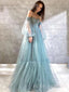 Off Shoulder Dusty Blue Tulle Long Evening Prom Dresses, Custom A-line Prom Dresses, BGS0264