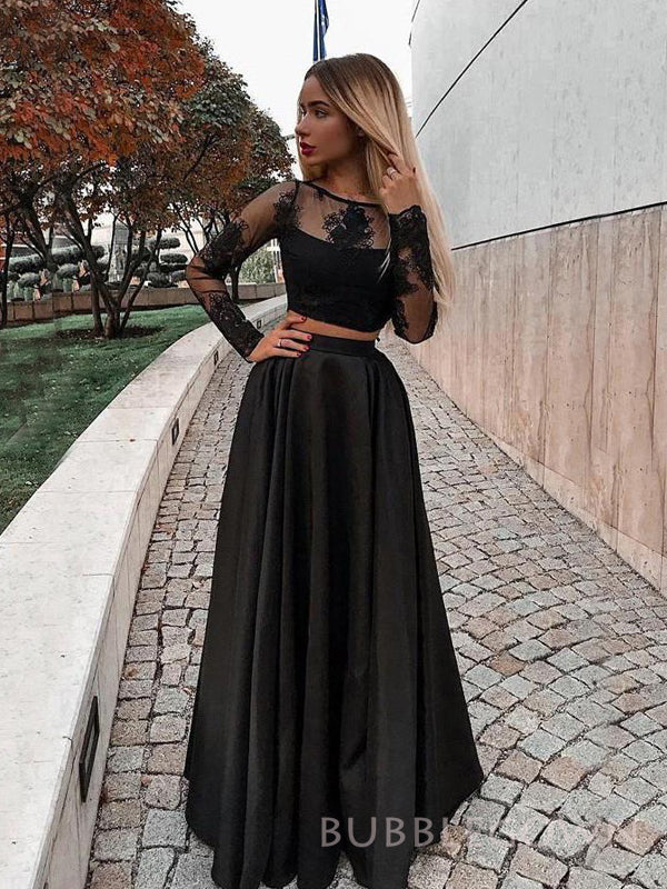 A-line Black Satin Long Sleeves Long Evening Prom Dresses, Custom Two Pieces Prom Dresses, BGS0266