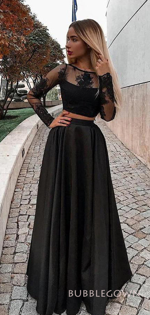 A-line Black Satin Long Sleeves Long Evening Prom Dresses, Custom Two Pieces Prom Dresses, BGS0266