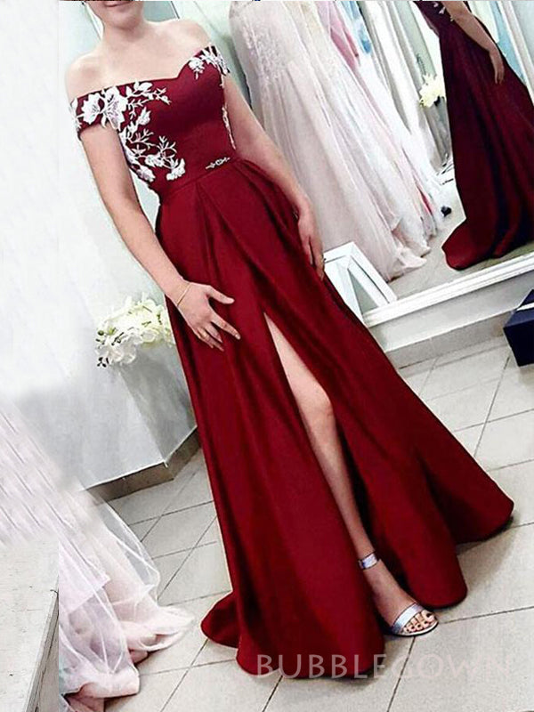 Red Satin Appliques A-line Long Evening Prom Dresses, Custom Off Shoulder Prom Dresses, BGS0267
