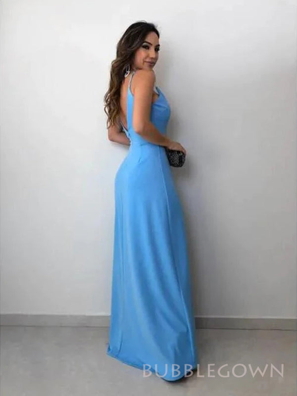 Spaghetti Straps Blue V-neck Long Evening Prom Dresses, Custom Popular Prom Dresses, BGS0271