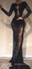 Black Tulle Lace Mermaid Long Sleeves Long Evening Prom Dresses, Custom High Slit Prom Dresses, BGS0275