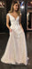 Sparkly Champagne Tulle Appliques Long Evening Prom Dresses, A-line V-neck Prom Dresses, BGS0282