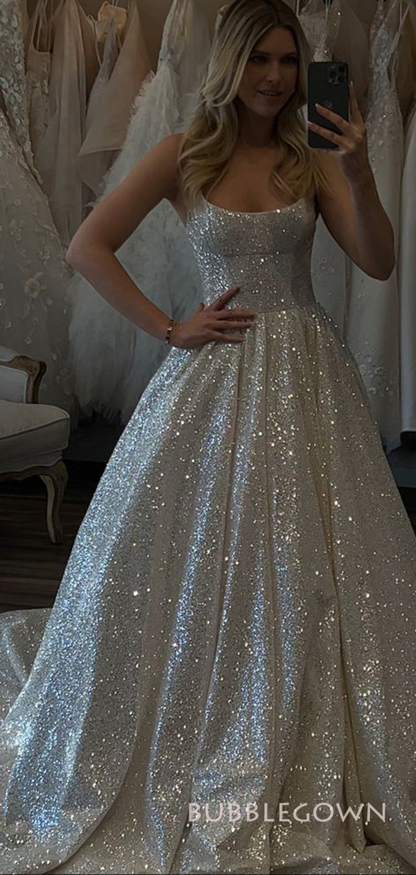Formal White Sequins A-line Long Evening Prom Dresses, Spaghetti Strap BubbleGowns Formal White Sequins A-line Long Evening Prom Dresses, Spaghetti Strap BubbleGowns