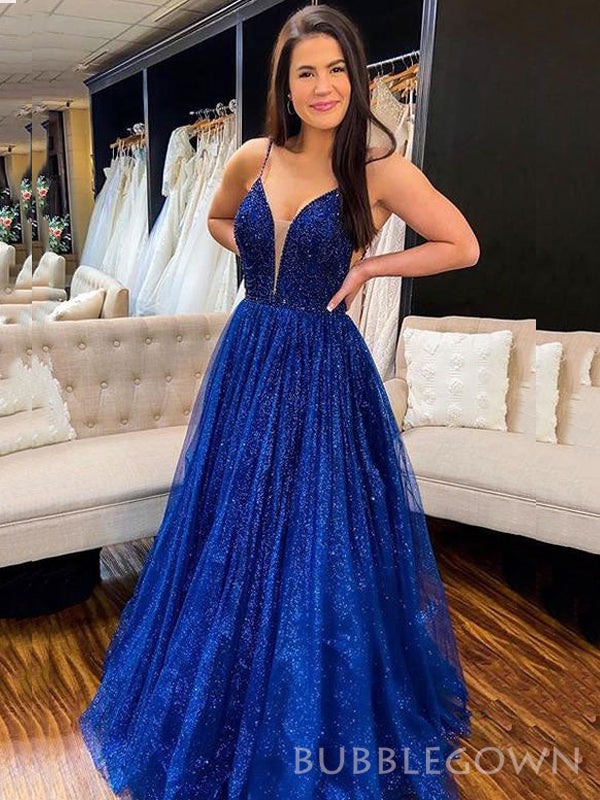 A-line Royal Blue Tulle Sparkly Long Evening Prom Dresses, Spaghetti Straps Custom Prom Dress, BGS0288