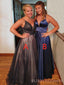 A-line Satin Tulle V-neck Long Evening Prom Dresses, Spaghetti Straps Prom Dress, BGS0292