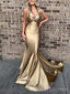 Gold Satin Mermaid V-neck Long Evening Prom Dresses, Spaghetti Straps Prom Dress, BGS0298