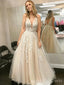 Champagne Tulle Appliques V-neck Long Evening Prom Dresses, A-line Custom Prom Dresses, BGS0304