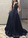 Navy Blue Satin Sequins A-line Long Evening Prom Dresses, Deep V-neck Prom Dress, BGS0306
