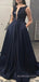Navy Blue Satin Sequins A-line Long Evening Prom Dresses, Deep V-neck Prom Dress, BGS0306