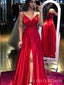 Spaghetti Straps Red Satin V-neck Long Evening Prom Dresses, A-line Custom Prom Dress, BGS0309