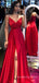 Spaghetti Straps Red Satin V-neck Long Evening Prom Dresses, A-line Custom Prom Dress, BGS0309