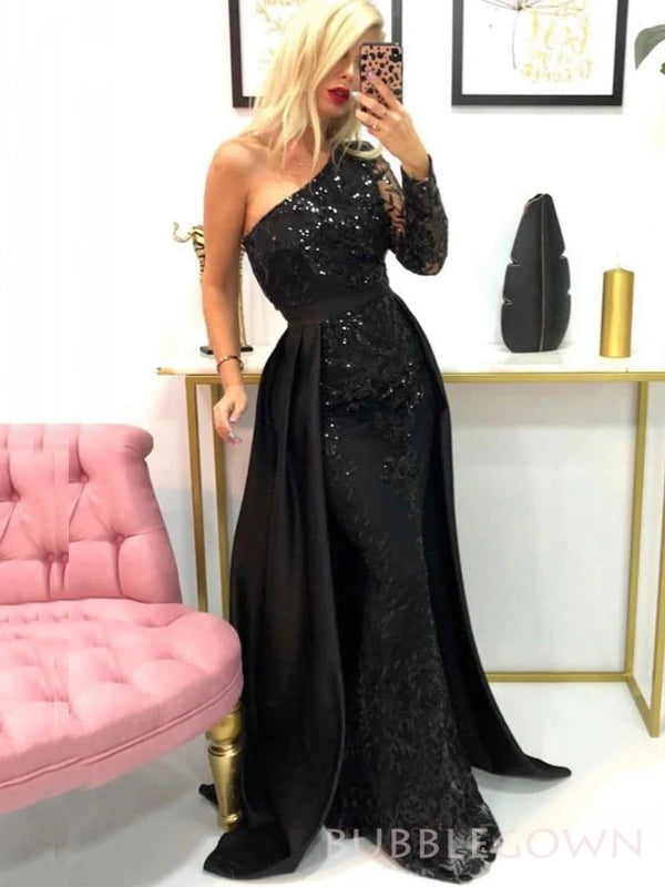 One Shoulder Long Sleeves Mermaid Long Evening Prom Dresses, Formal Appliques Prom Dresses, BGS0316