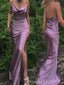 Simple Purple Satin Side Slit Long Evening Prom Dresses, Mermaid Cowl-neck Prom Dress, BGS0324