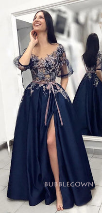 Blue Satin Appliques A-line Long Evening Prom Dresses, BGS0351