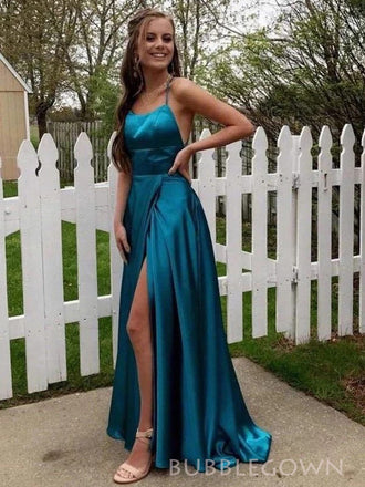 Simple A-line Satin Backless Long Evening Prom Dresses, High Slit Prom Dress, BGS0363
