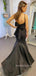 Black Satin V-neck Mermaid Long Evening Prom Dresses, BGS0368