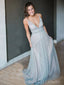 A-line Dusty Tulle V-neck Long Evening Prom Dresses, BGS0385