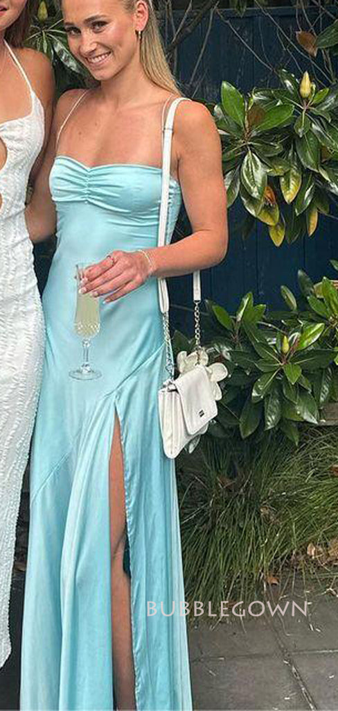 Simple Blue Satin Mermaid Side Slit Long Evening Prom Dresses, Spaghetti Straps Prom Dress, BGS0390