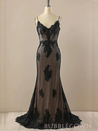 V-neck Black Mermaid Long Evening Prom Dresses, BGS0397