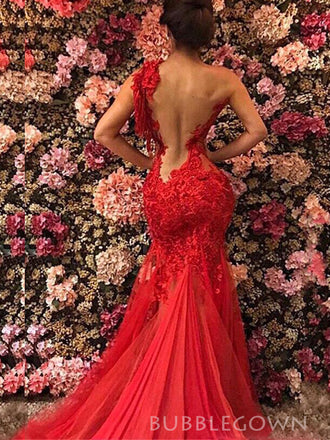 Red Tulle Appliques Mermaid Long Evening Prom Dresses, One Shoulder Prom Dress, BGS0411