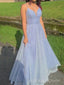 A-line Blue Sparkly V-neck Long Prom Dresses, Spaghetti Straps Prom Dress, BGS0413
