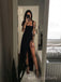 High Slit Black Long Prom Dresses, Custom Straps Prom Dress, BGS0423