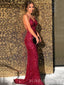 Sparkly Red Sequins Mermaid V-neck Long Prom Dresses, Custom Spaghetti Straps Prom Dress, BGS0428