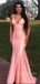 Pink Satin Simple Mermaid Spaghetti Straps Long V-neck Prom Dresses, BGS0432
