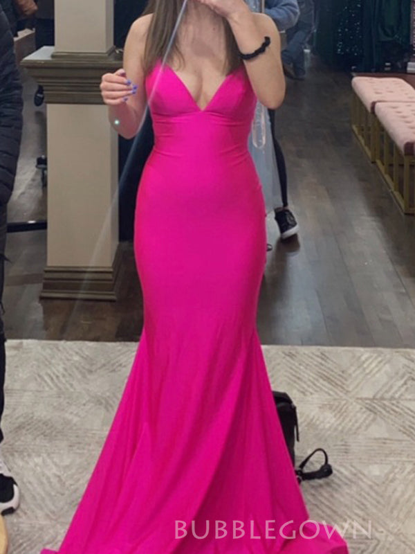 Hot Pink Mermaid Spaghetti Straps V-neck Long Prom Dresses, BGS0438