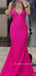 Hot Pink Mermaid Spaghetti Straps V-neck Long Prom Dresses, BGS0438