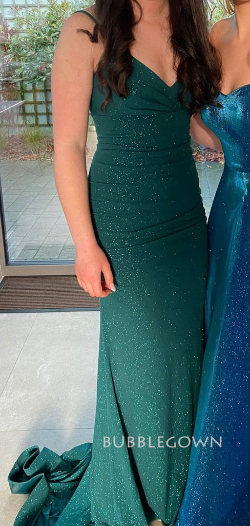 Sparkly Dark Green Mermaid Long Prom Dresses, V-neck Prom Dress, BGS0442